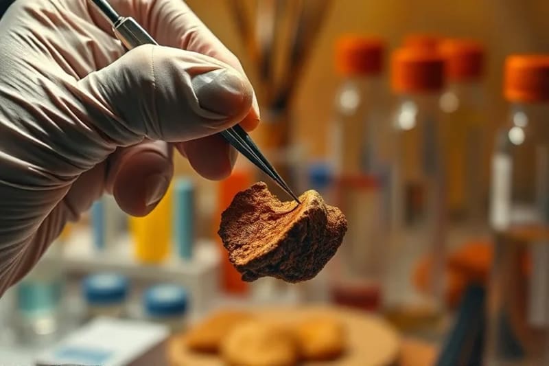 Manos de científico forense examinando un fragmento de tejido