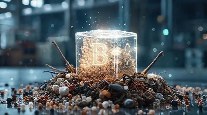 3D render of recycled materials around a blockchain cube