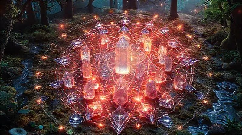 Crystal grid on forest floor with planetary energies