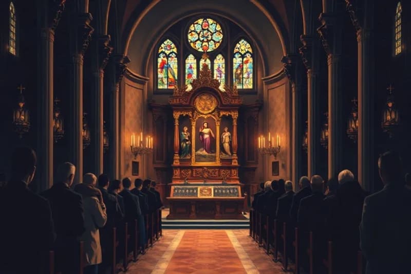 Altar antiguo con reliquias y luz mística