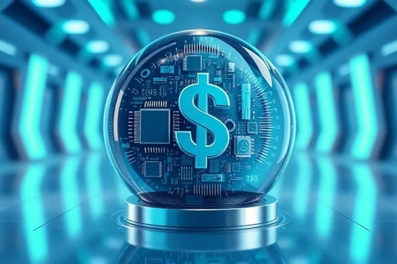 Bóveda digital estilizada con símbolos financieros flotantes