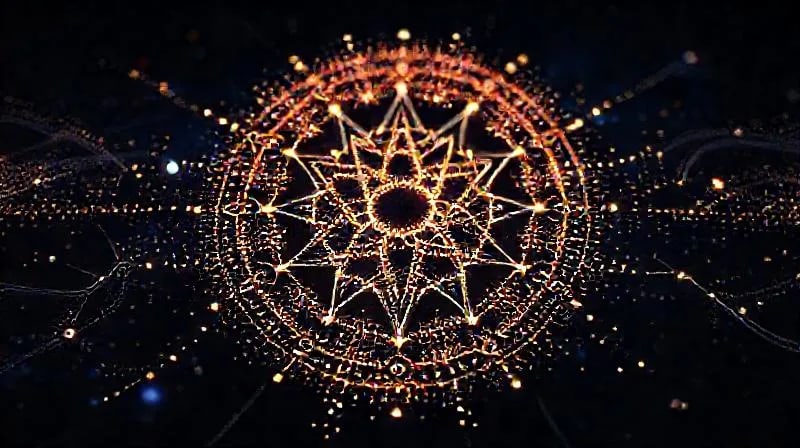 Complex 3D render of a glowing algorithmic network forming a dynamic, evolving sigil with interconnected nodes and lines, pulsating with light, and subtle sound waves depicted as transparent ripples.