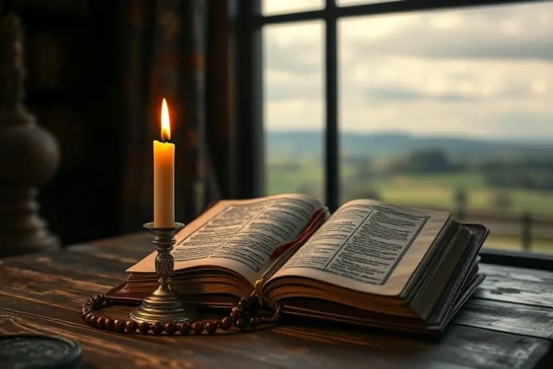Libro antiguo, rosario y vela encendida en mesa de madera