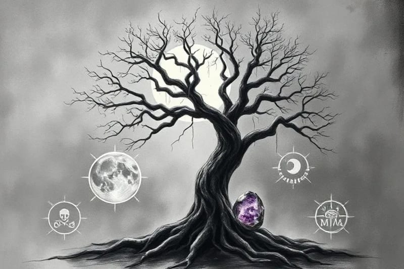 Representación conceptual de un árbol genealógico etéreo con raíces que se conectan a cristales, simbolizando la sanación de patrones ancestrales.