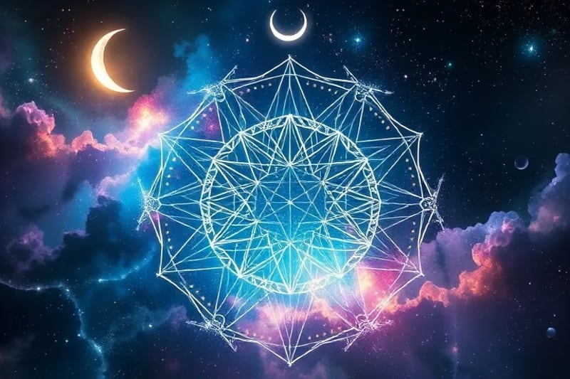 Representación abstracta de cristales en levitación bajo la luz de una luna creciente, simbolizando la transformación y la purificación energética.