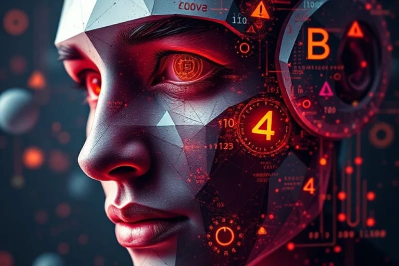 Representación abstracta de un fraude digital, donde rostros distorsionados se fusionan con símbolos de criptomonedas y algoritmos, simbolizando la manipulación y el engaño.