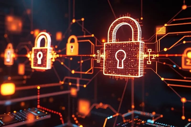 Visualización conceptual de qubits interconectados que rompen cerraduras digitales, simbolizando el impacto de la computación cuántica en la criptografía y la seguridad.