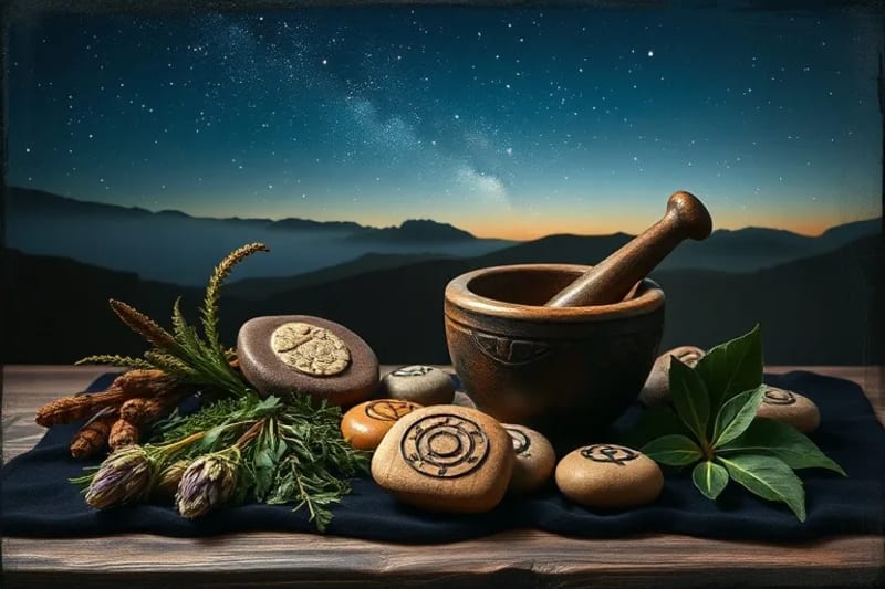 Still life of ancient herbal remedies and planetary symbols