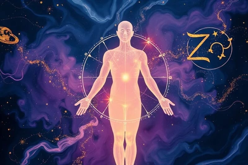 Conceptual render of human energetic body with zodiac overlays