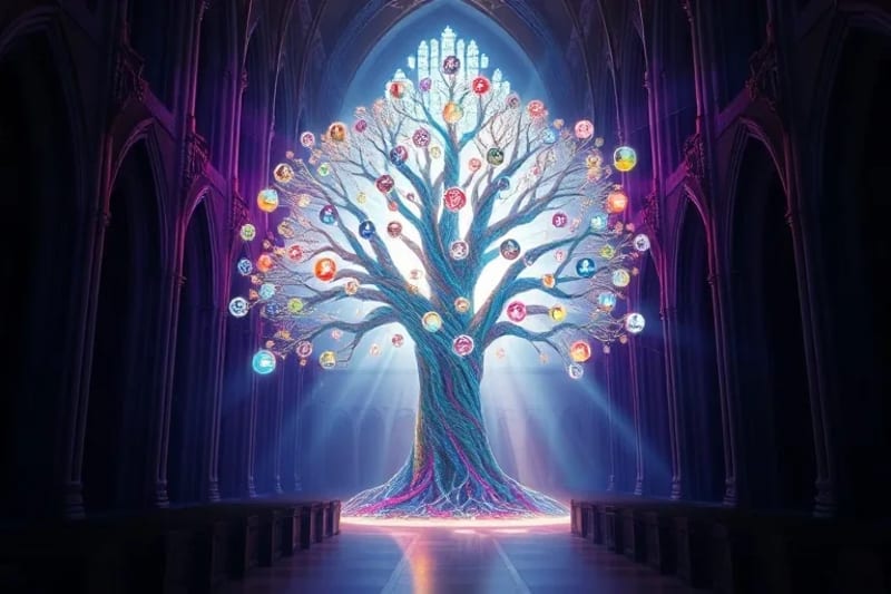 Pintura digital de un árbol de la vida formado por datos y vías neuronales, con iconos de fe y tecnología en sus ramas.