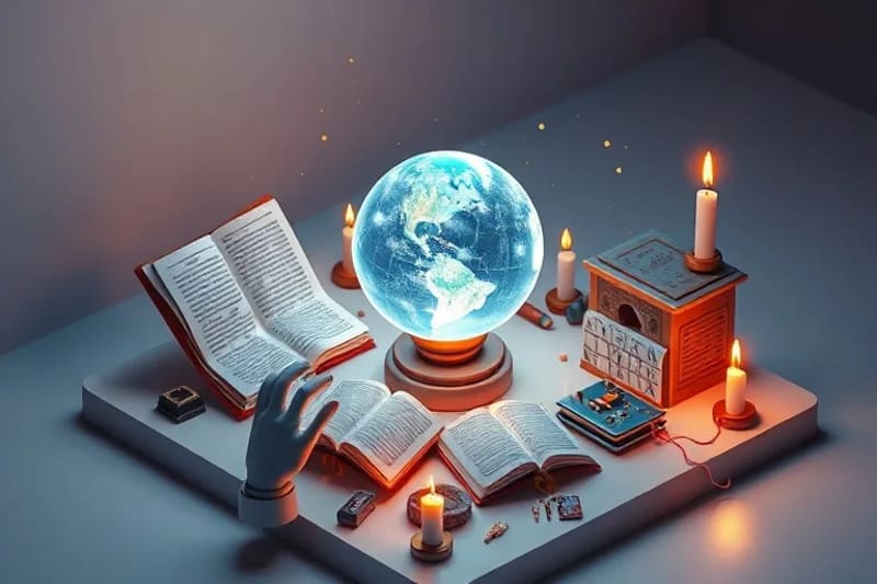 Render 3D de un globo holográfico rodeado de textos religiosos, circuitos y manos humanas, simbolizando la interacción espiritual-tecnológica.