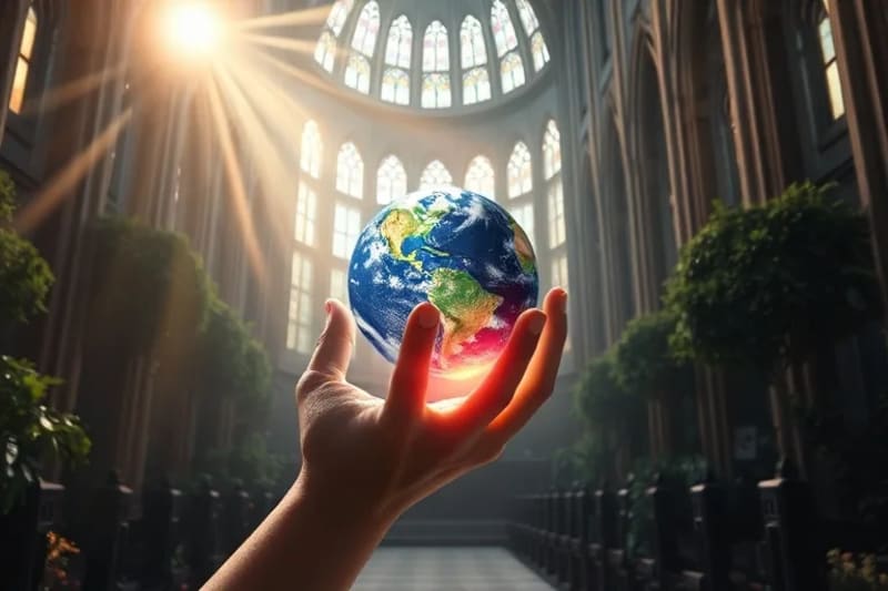 Mano humana sosteniendo una Tierra vibrante con símbolos digitales