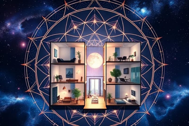 Infographic showing energy flow in a modern apartment building with Feng Shui elements like plants and color palettes, illustrating practical urban Feng Shui.