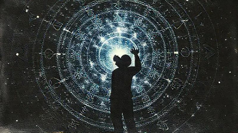 Silueta de una persona con gafas de RV interactuando con una proyección holográfica de un mandala geométrico o un cuerpo celeste.
