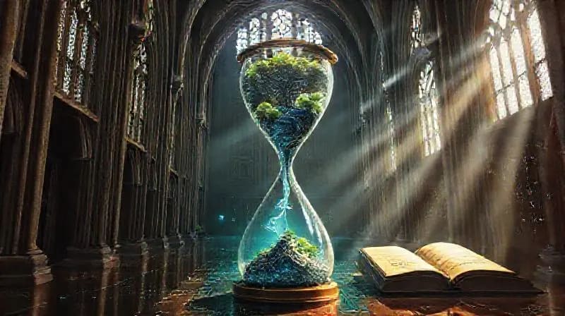Reloj de arena con agua erosionando un circuito digital, ecosistemas miniatura en la parte superior