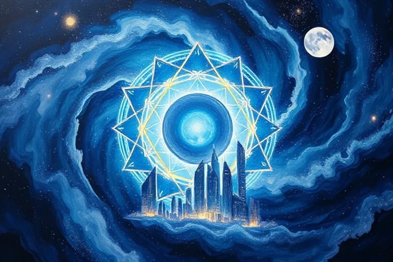 Abstract oil painting depicting celestial well-being with cosmic dust, lunar glows, and translucent city buildings, symbolizing harmony in an urban setting.