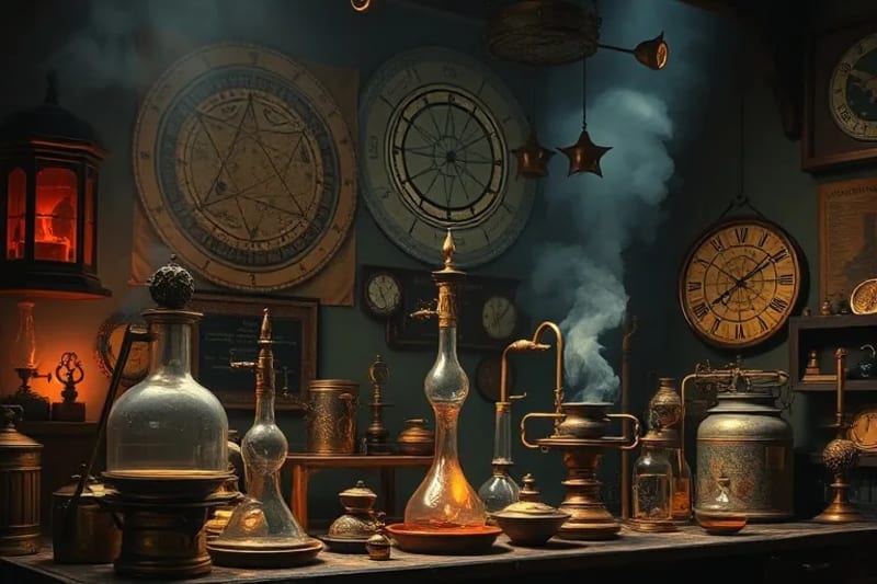 Ancient alchemical laboratory with astrological symbols and glowing instruments