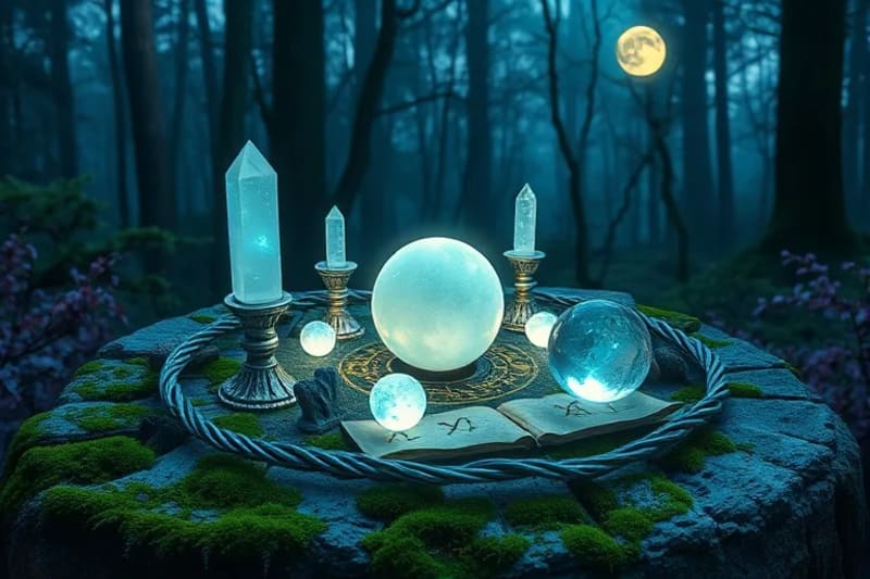 Altar con cristales lunares y símbolos ancestrales