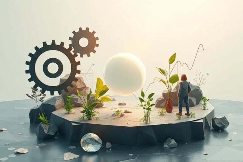 Ecosistema empresarial futurista, engranajes y gráficos financieros entrelazados con plantas y agua limpia, simbolizando propósito y sostenibilidad