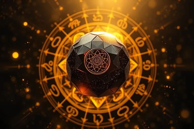 Abstract 3D render of a dark metallic sphere transforming into radiant gold light