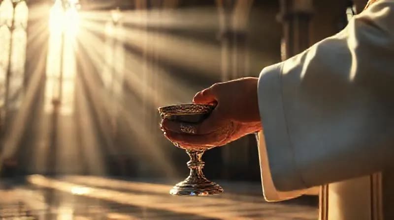 Manos de sacerdote bendiciendo agua en un cáliz, reflejo de luz, simbolizando purificación y gracia divina.