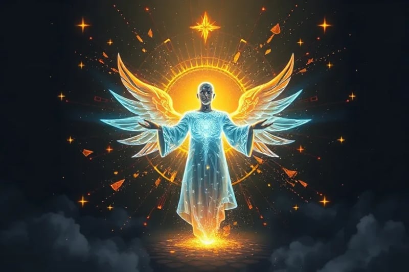 Silueta humana rodeada de escudos de luz dorada y azul, protegiéndola de sombras caóticas y formas abstractas.