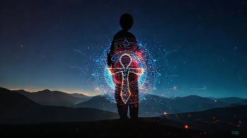 Bodegón conceptual que simboliza la fusión de la tecnología y la espiritualidad, con elementos de circuitos y símbolos místicos entrelazados.