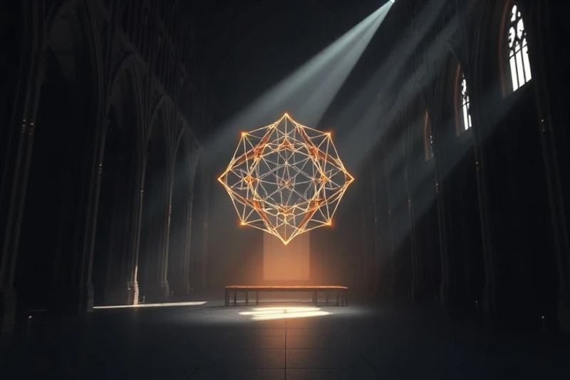Representación abstracta de patrones digitales celestiales, con luces y formas que sugieren una estructura divina subyacente a la tecnología.