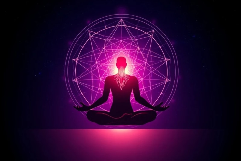 A stylized human figure meditating with digital waveforms and glowing energy fields representing biofeedback and healing.