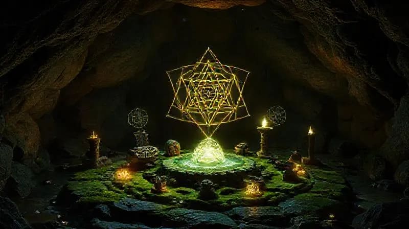 Ancient shamanic artifacts, like a drum and crystals, subtly integrated with glowing holographic projections of sacred geometry in a mysterious cave.