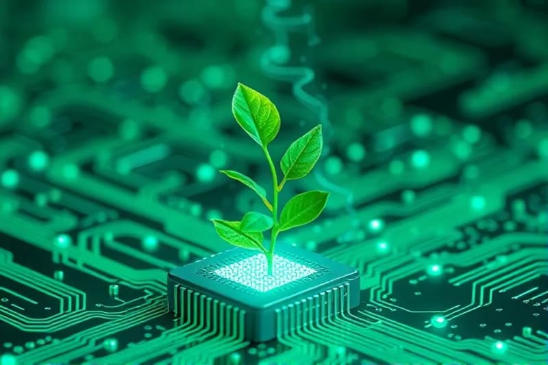 Minimalist 3D render of a stylized plant growing out of a circuit board, symbolizing sustainable technology.