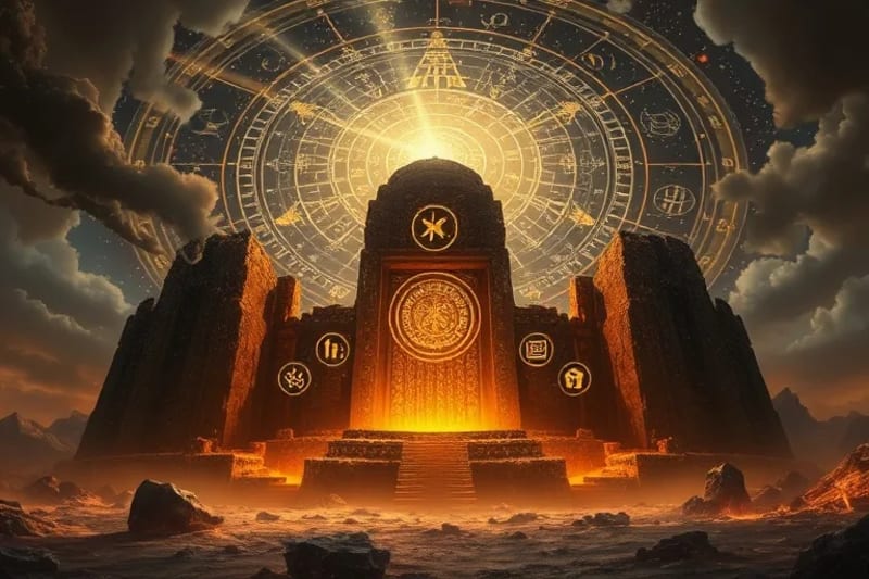 Paisaje surrealista donde estructuras antiguas se reforman con luz digital y partículas, simbolizando la reconfiguración del poder social y tecnológico.