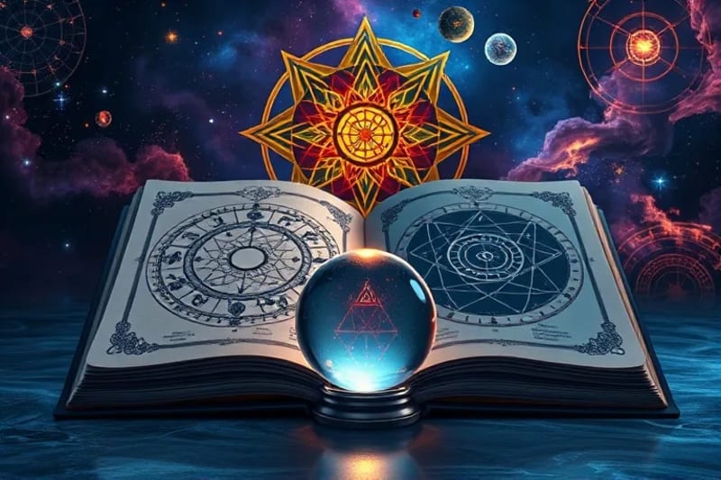 Libro abierto con símbolos astrológicos y un holograma de algoritmo