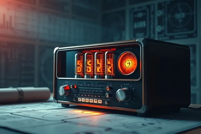 Un antiguo receptor de radio con tubos de vacío brillantes, rodeado de planos detallados y ecuaciones matemáticas, iluminado por una luz suave y misteriosa que evoca el secreto y la innovación.