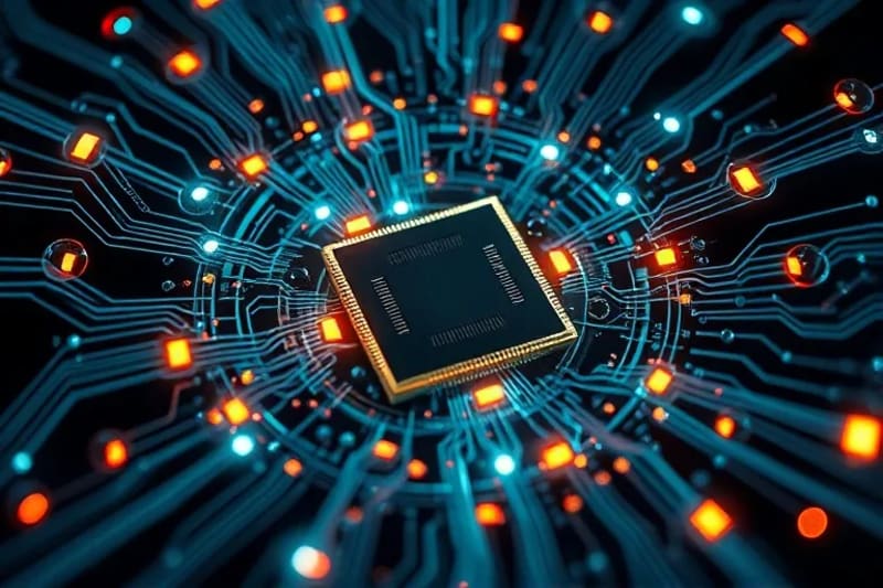 Un vórtice arremolinado de flujos de datos digitales y nodos interconectados, que representa la red invisible de comunicación inalámbrica. Formas geométricas y líneas brillantes convergen, simbolizando el concepto de espectro ensanchado.