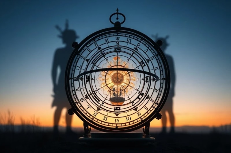 Abstract astrolabe with karmic symbols