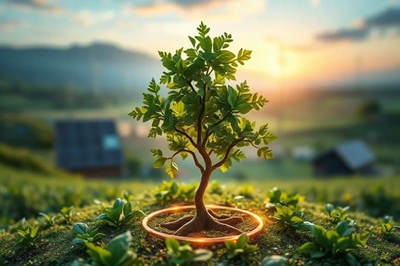 Representación artística de bonos verdes como símbolos de moneda entrelazados con plantas, simbolizando crecimiento financiero y ecológico.