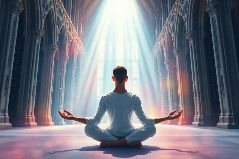 Persona meditando en un entorno digital, rodeada de nodos de energía interconectados, simbolizando la paz interior y la conexión digital.