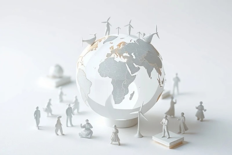 Composición 3D de objetos simbólicos como un globo terráqueo, turbinas eólicas en miniatura y figuras humanas colaborando, representando fondos de impacto en desarrollo.