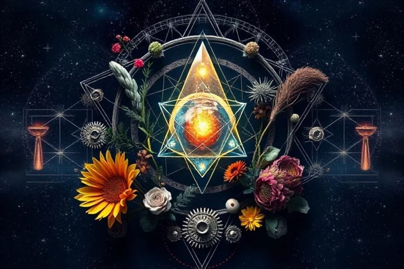 3D render of botanical specimens around a glowing crystal, with cosmic patterns