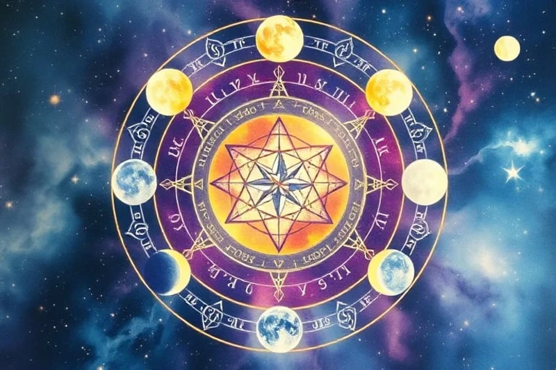 Pintura de acuarela serena que representa las cuatro fases lunares principales (Luna Nueva, Creciente, Llena, Menguante) en un ciclo suave y fluido, con elementos simbólicos de crecimiento, manifestación y renovación.