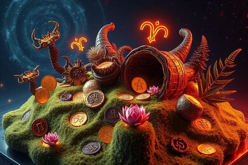 Renderizado 3D de un bodegón conceptual de abundancia cósmica, con runas nórdicas pulidas (Fehu, Jera, Othala, Gebo) sobre musgo brillante, rodeadas de monedas de oro, cornucopias y plantas fantásticas, con una galaxia de fondo.