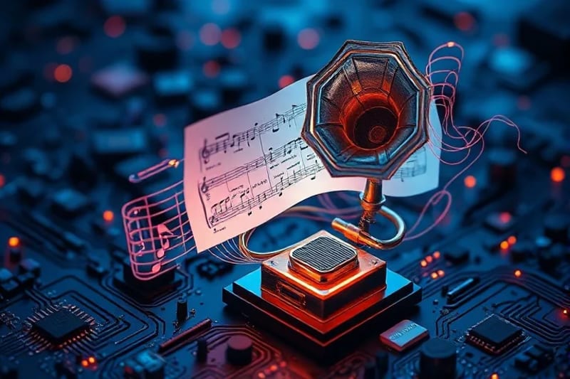 Escultura abstracta de partitura musical y circuitos digitales
