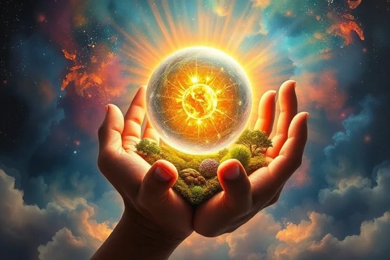 Esfera de datos luminosa sostenida por manos de luz, sobre un ecosistema en miniatura, rodeada de nodos digitales protectores, simbolizando la custodia tecnológica de la naturaleza.