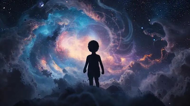 A person meditating amidst cosmic symbols, representing the integration of conscious and unconscious mind.