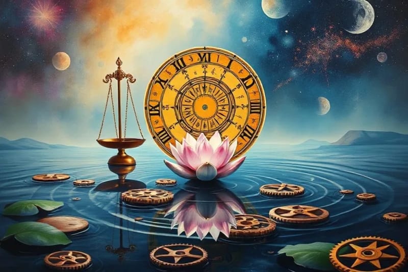 Surrealist artwork of an ancient astrological chart unfurling, with symbolic objects like scales and a lotus flower, representing psychological balance and wholeness.