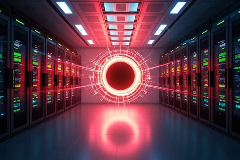 Stylized supercomputer with black hole diagram and data visualizations