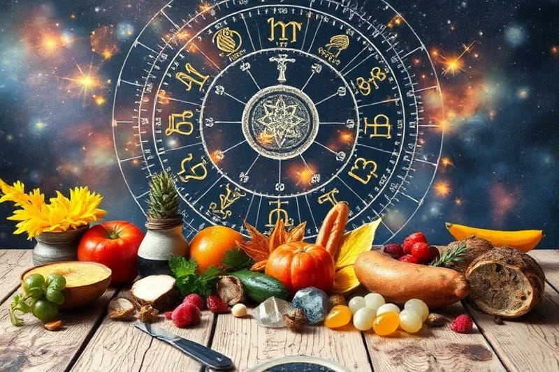 Bodegón de ingredientes frescos y cristales coloridos, simbolizando la nutrición energética y la armonía de los chakras.