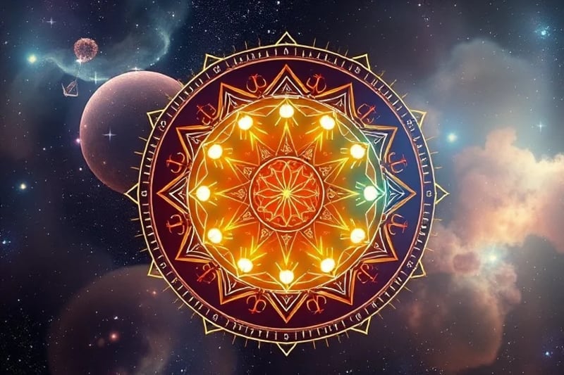 Representación abstracta de los chakras y el zodíaco, con elementos de comida y cristales flotando, simbolizando la nutrición energética.