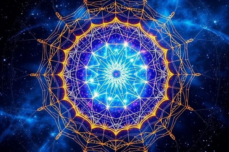 Microscopic view of a cell nucleus with chromosomes, surrounded by subtle, glowing astrological symbols and energetic patterns.